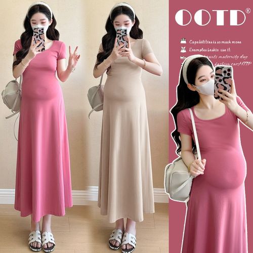 孕妇洋装2025新款简约纯色短w袖T恤裙子休闲 收腰显瘦A字长裙