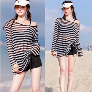 显瘦遮肚长袖 防晒M遮肉三件套平角高级 分体泳衣女夏保守外搭罩衫