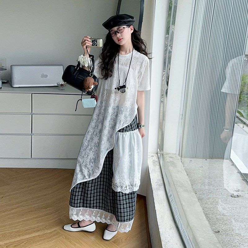 慵懒风绝美叠穿蕾丝连衣裙套装女童C设计感花边格子半身裙三件套