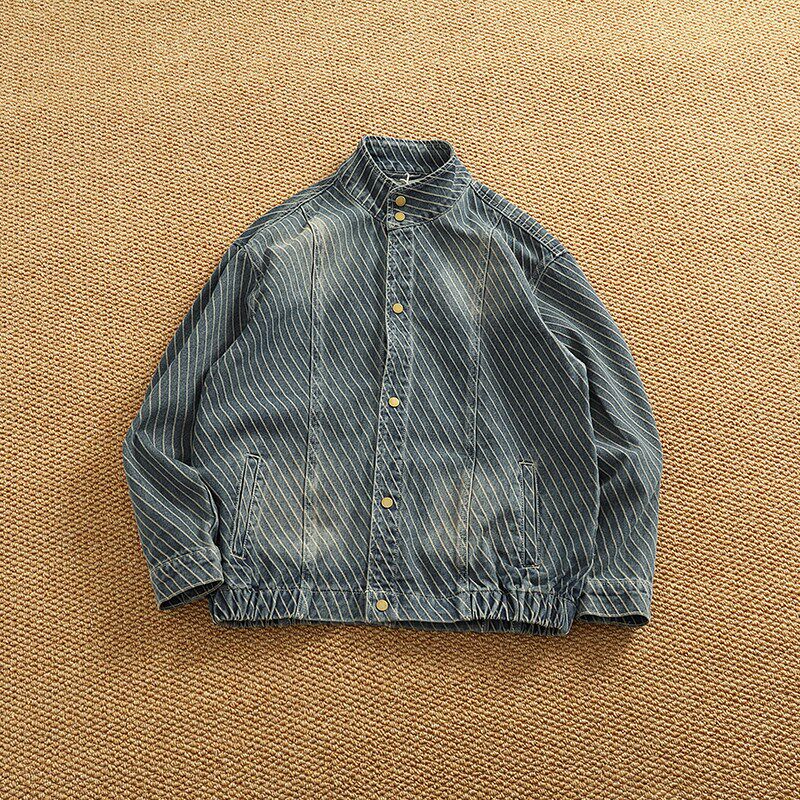 牛仔外套男春秋美式复古高级感宽松潮牌条纹设计扣领立领工装夹克