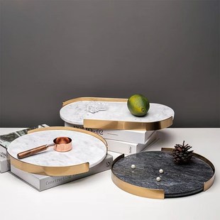 简约轻奢大理石圆形托盘摆件样板房酒店卫生间化妆品香薰收纳盘