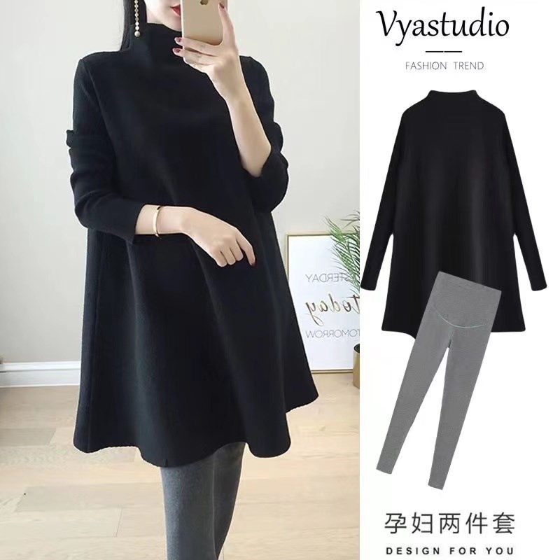 大码孕妇针织衫上衣秋冬装中长款连衣裙半高领毛衣A字打底衫200斤