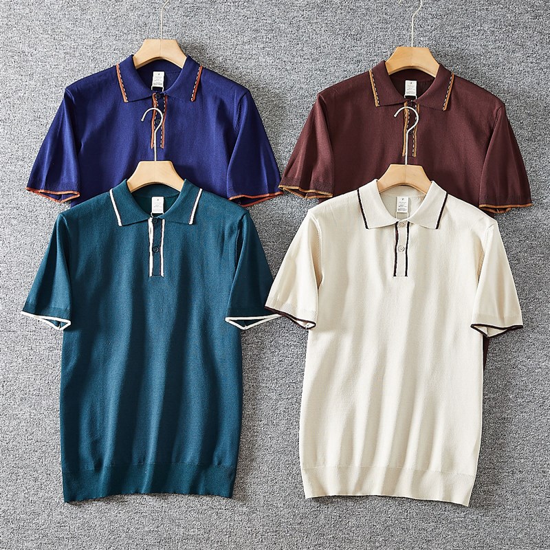 文艺气息!线下300+!外贸男装春夏季时尚百搭翻领针织短袖T恤潮
