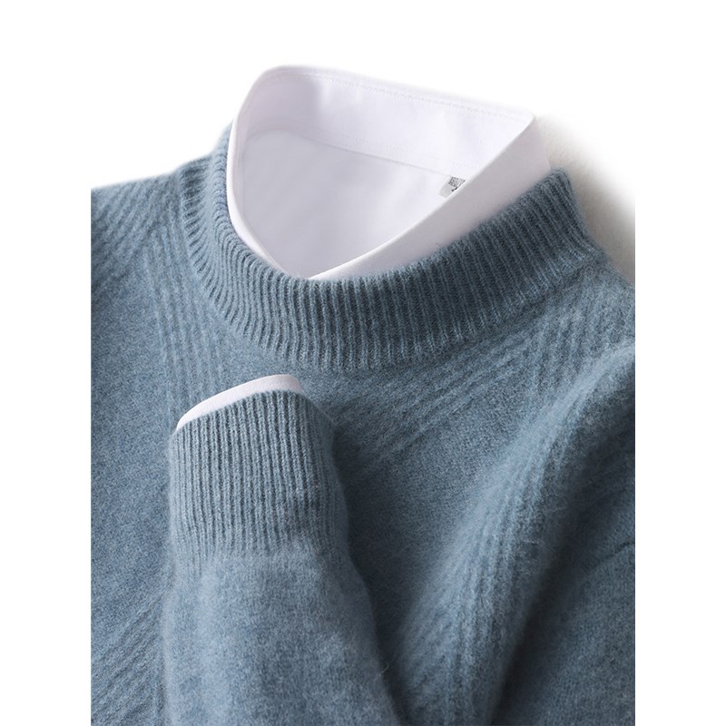 冬季菱形羊绒衫男士半高领加厚毛衣青年商务针织羊毛衫纯色打底衫