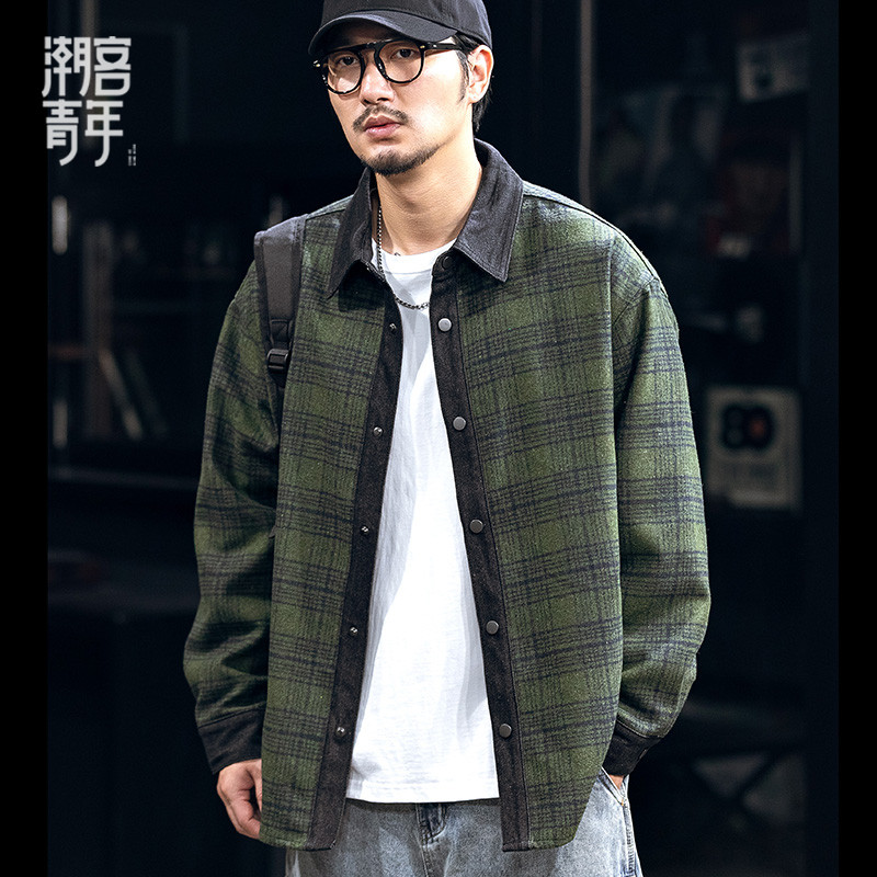 秋季美式格子衬衫外套男士宽松大码复古上衣工装条纹衬衣秋冬长袖