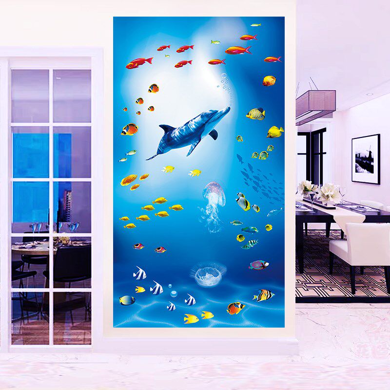 墙贴纸自粘e贴画壁纸海底世界装饰画竖版玄关走廊儿童柜背景墙壁