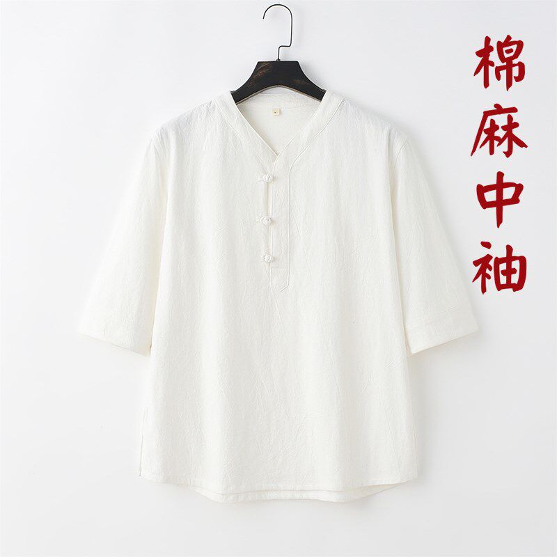 唐装男春夏圆领五分T恤复古中国风棉麻半袖五分袖中式休闲青年男