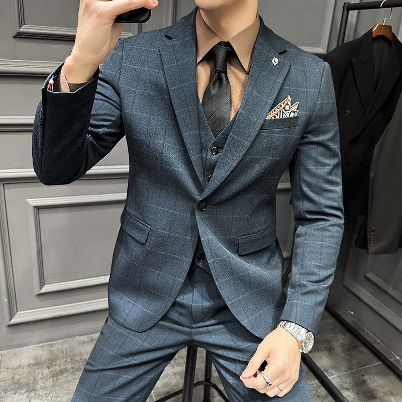 西服套装男士三件套新郎结婚礼服商务休闲正装韩版修身格子西装男