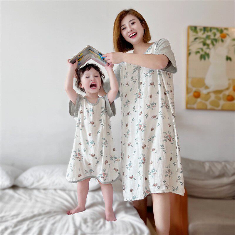亲子装家居服夏轻薄A类竹棉纱布儿童宝宝睡衣女童睡裙柔软透气