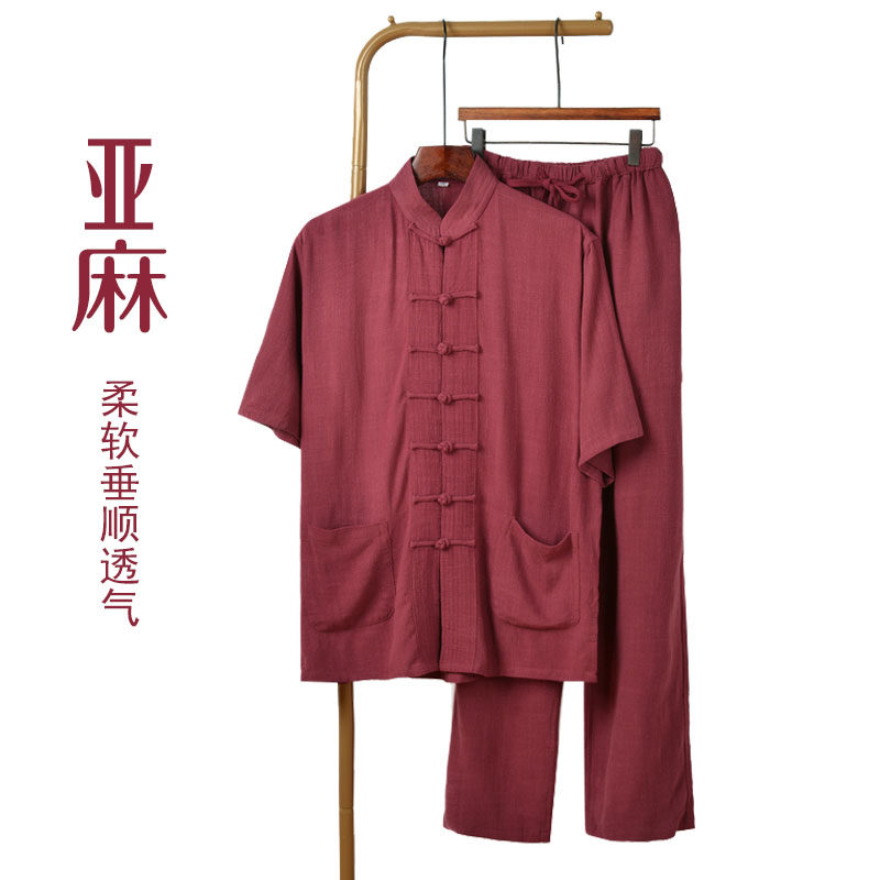 爸爸唐装夏天亚麻短袖套装中老年盘扣上衣半袖棉麻中式茶道服男薄