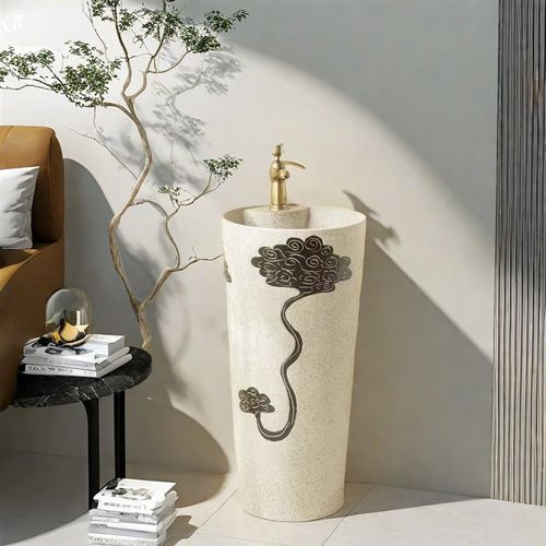 小户型立柱盆奶油风一体别墅花园户外洗手盆立柱式洗脸盆水池台盆