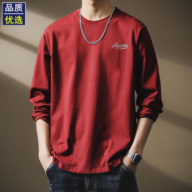 260g重磅美h式纯棉鲤鱼印花长袖T恤男秋季新款宽松休闲大红色男装