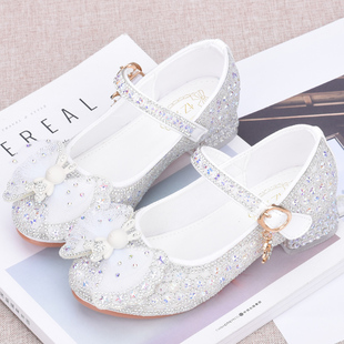 水晶鞋 韩版 主持人钢琴演出鞋 女童公主鞋 新款 白色礼服鞋 儿童高跟鞋