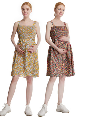 春夏孕妈一字领吊带无袖显瘦打缆小碎花中长女式连衣裙裙H6006