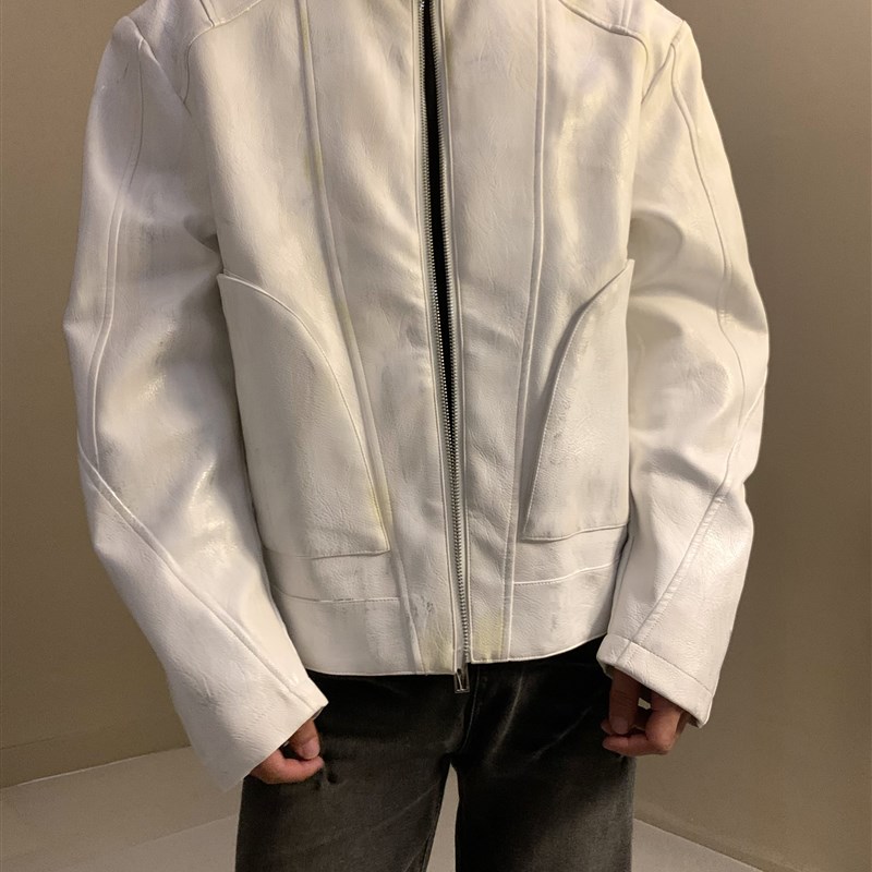 美式高级感碳染机车垫肩短款皮衣OV立体螺旋拼接做旧Pu皮夹克外套