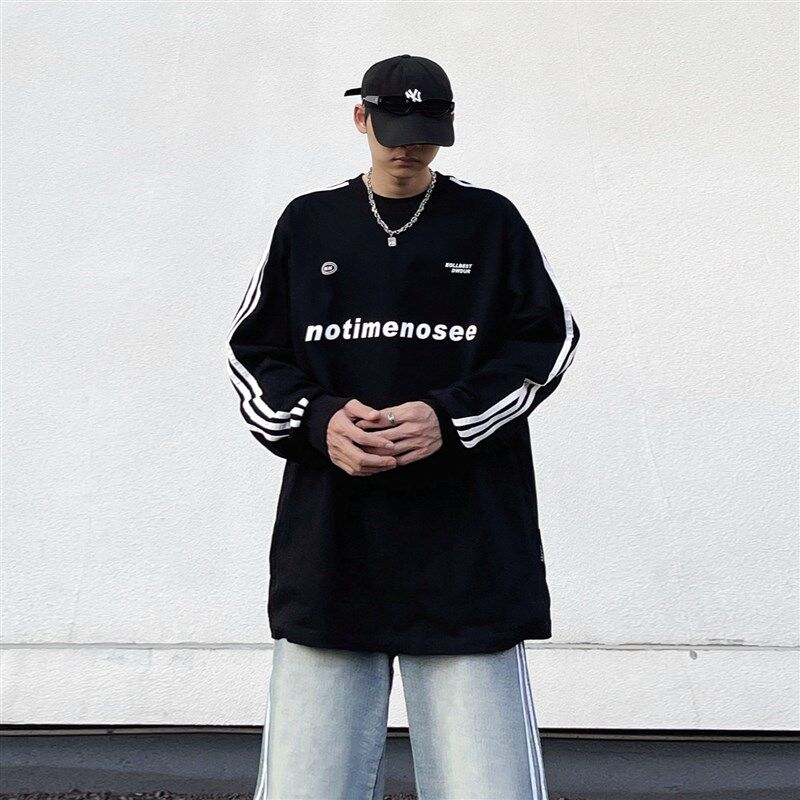 非潮勿近高街美式复古织带长袖t恤男宽松hiphop复古撞色圆领卫衣