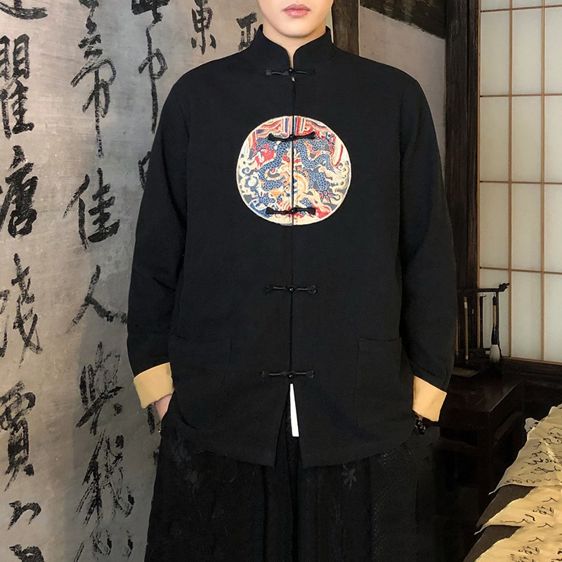 春季中国风棉麻刺绣唐装夹克外套男士休闲大码中山装盘扣汉服男装