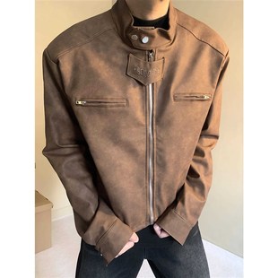 美式复古休闲做旧棕色机车皮衣外套男小众设计感短款垫肩立领夹克