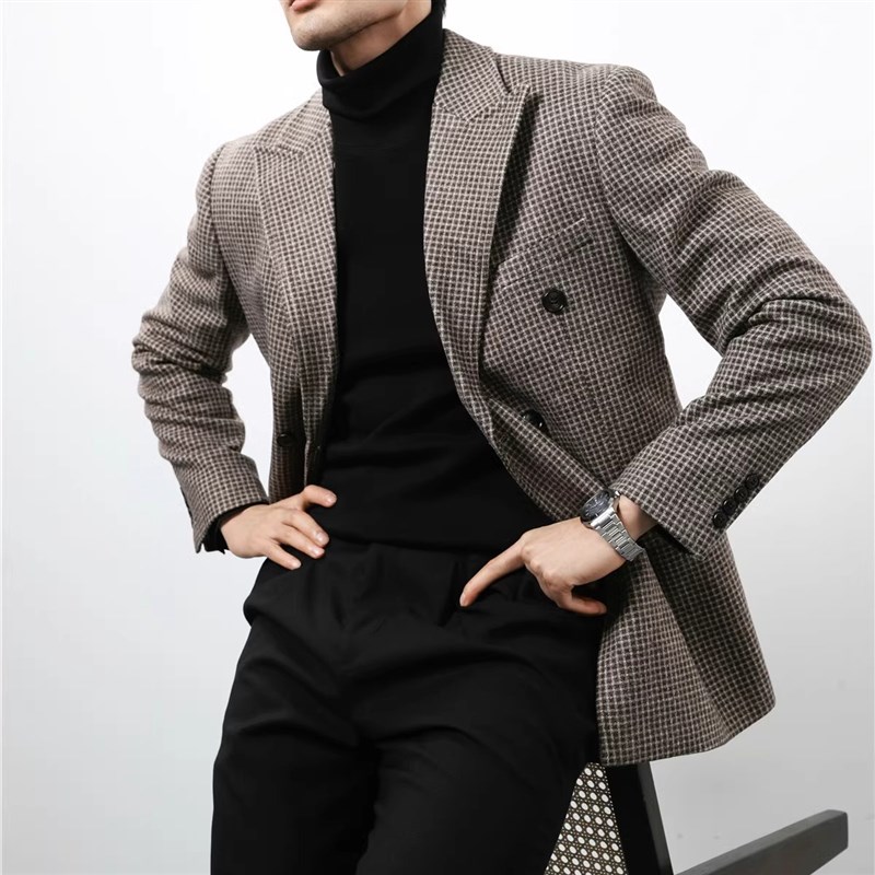 秋冬季美式复古毛呢西装外套男加厚质感高级感粗花呢双排扣单西潮