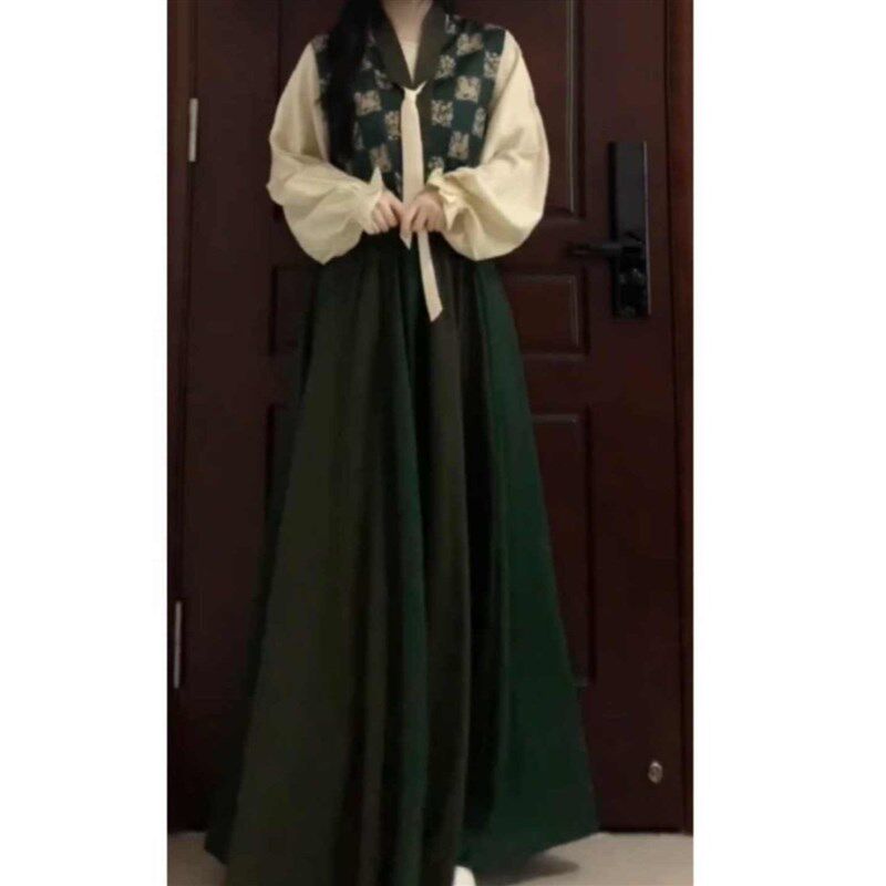 大码胖mm春季穿搭一整套长袖衬衫+背心马甲+半身裙新中式三件套装