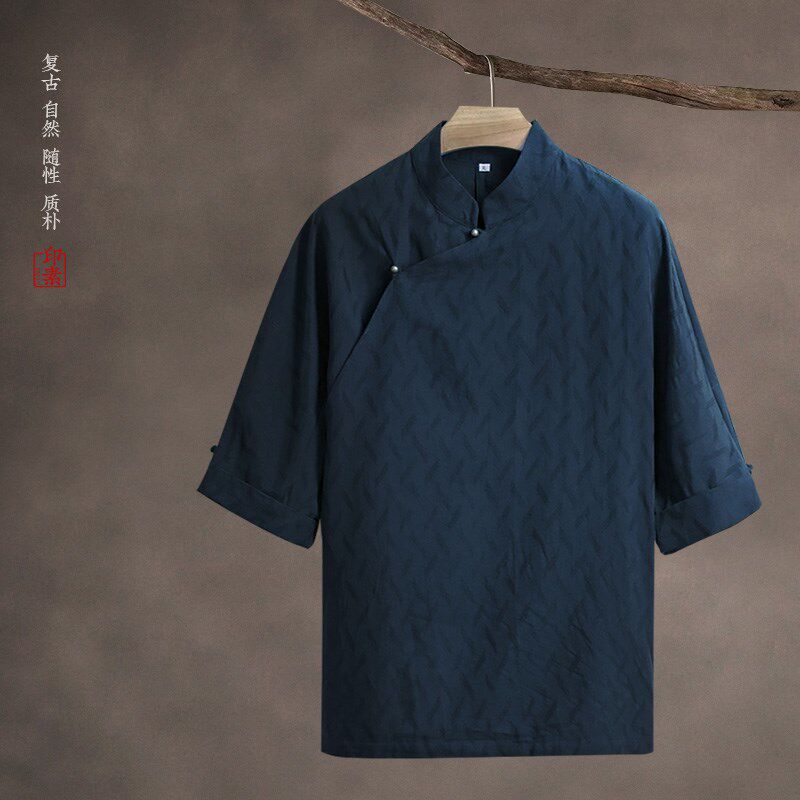 印素复古男装立领偏襟短袖铜扣上衣夏季薄款T恤茶服衬衫修行外套