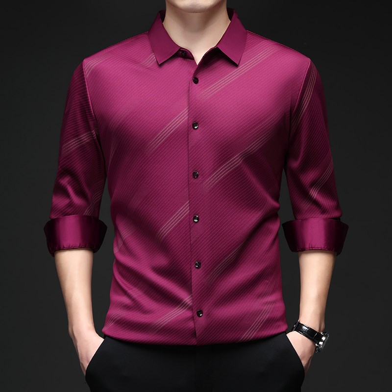 喜爸爸装结婚宴礼服公公红色长袖衬衫领上衣服春秋季男士高端父亲
