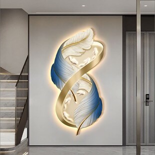 轻奢发光静物羽毛玄关装 饰画高档大气创意麋鹿入户走廊过道壁灯画