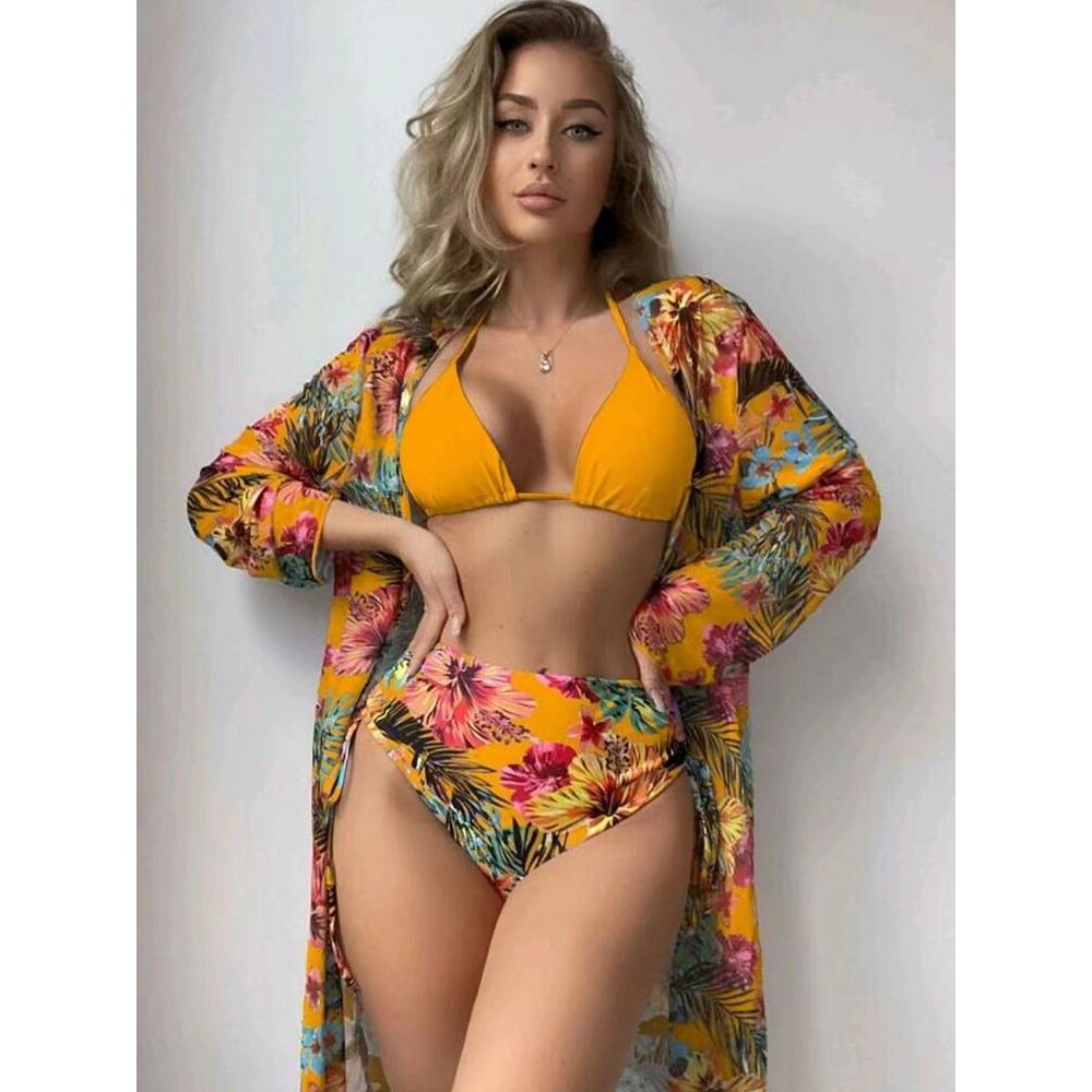 2023新款分体蕾丝罩衫跨境欧美外贸印花比基尼泳衣女三件套bikini