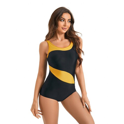 跨境连体泳衣女式纯色拼接竞速款欧美外贸泳装亚马逊 swimwear