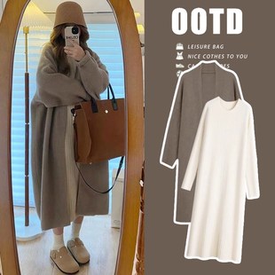 孕妇连衣裙套装秋冬季2024新款宽松G针织内搭打底毛衣裙外套两件