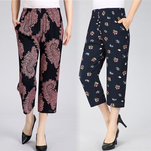 中老年女裤子夏薄款绵绸九分裤松紧腰休闲直筒八分裤人造棉妈妈裤