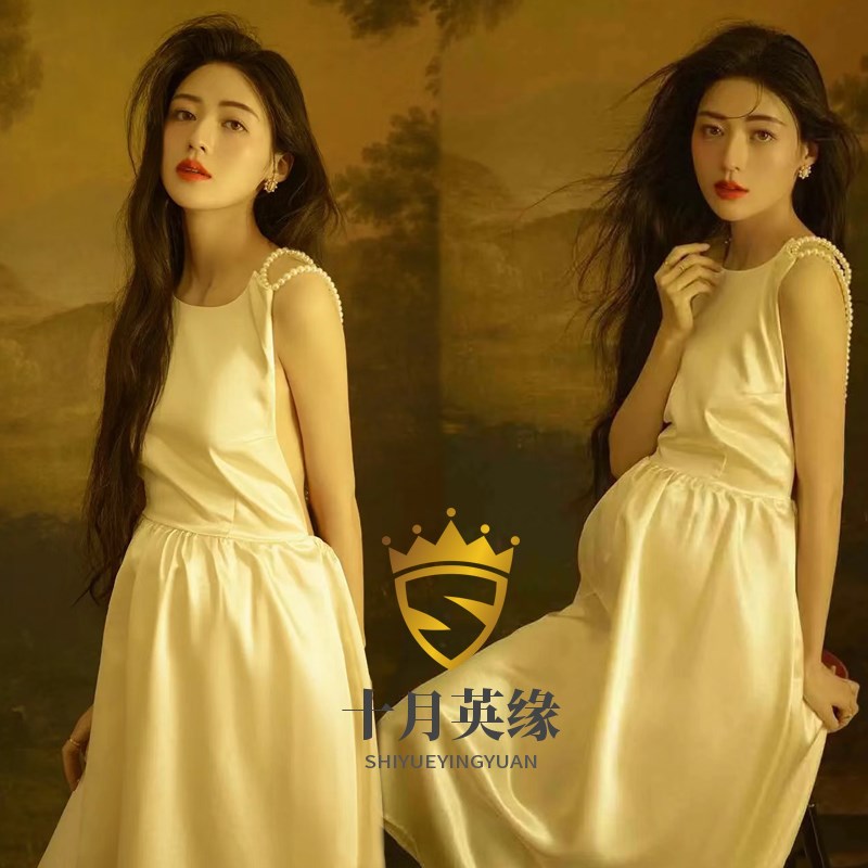 新款影楼孕妇写真服装r修身缎面白色礼服准妈咪拍照摄影艺术服饰
