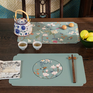 鸟语花枝新中式餐垫禅意茶v几隔热垫防水防油免洗皮革桌垫碗盘垫