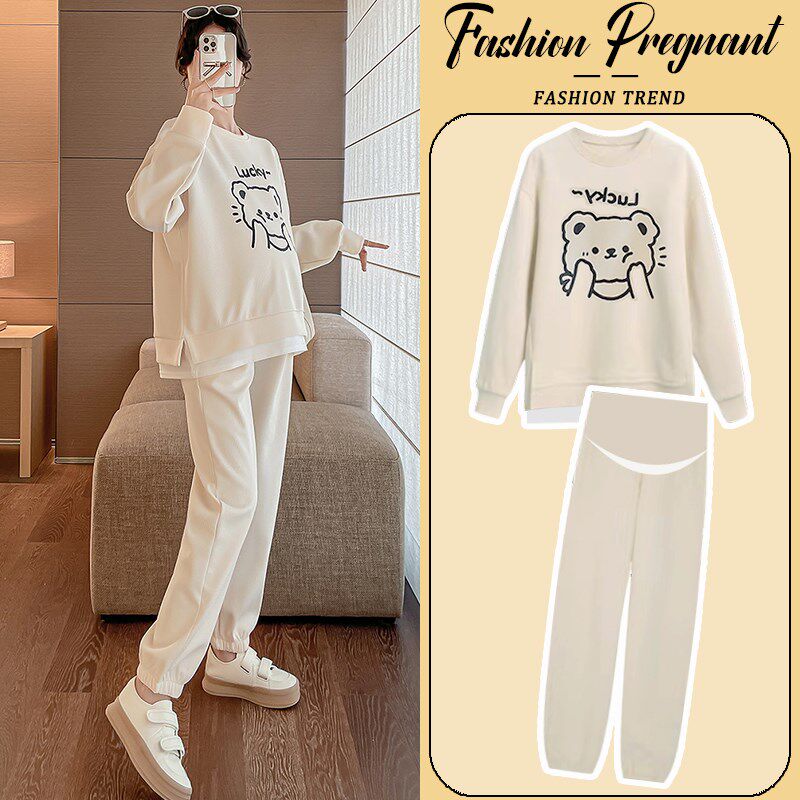 孕妇套装春秋冬2024r新款杏色卫衣时尚印花休闲运动宽松外出两件