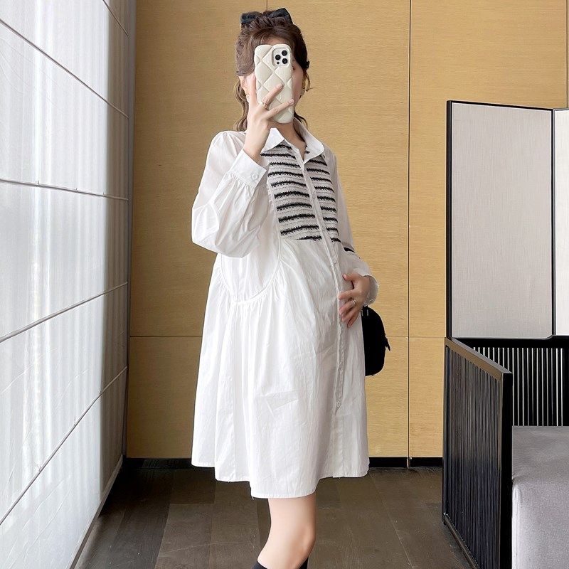 大码孕妇秋装衬衫裙2024新款春秋款上衣长袖休闲宽松200斤连衣裙