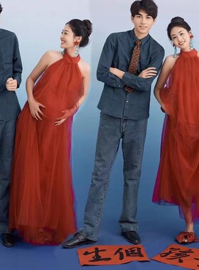 影楼超仙海边无袖挂脖红色连衣裙孕妇夏季露肩高Y腰长裙子女