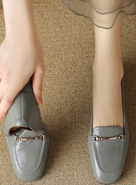 法式单鞋女春秋h浅口方头中跟粗跟真皮鞋灰色头层牛皮杏色软皮时