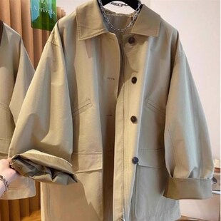 大码翻领复古中长款工装风衣女秋冬季胖mm300斤宽松休闲开衫外套