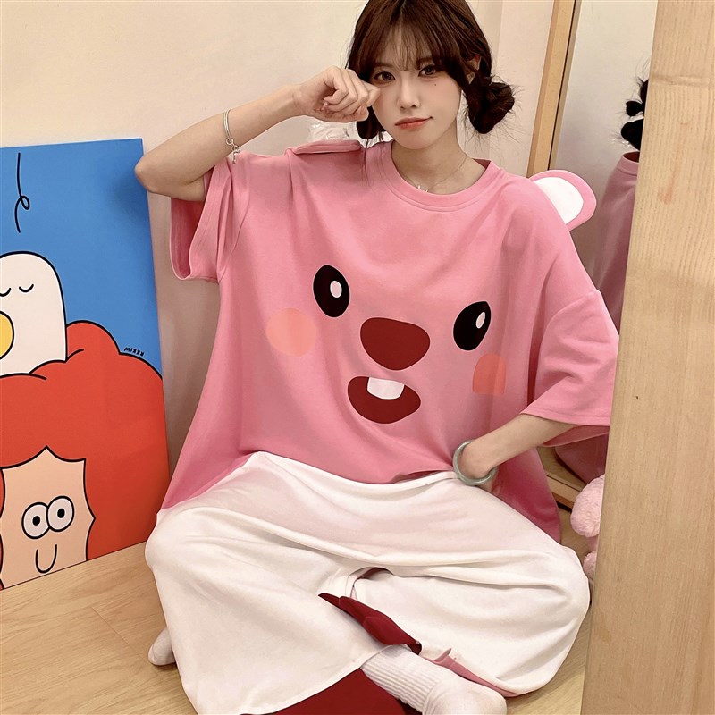 可爱loopy海狸睡衣女夏季纯棉短袖连体J服宽松大码学生卡通家居服
