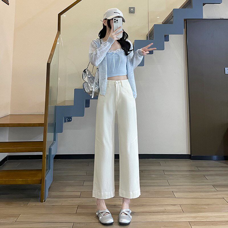白色小个子阔腿牛仔裤女春夏2025薄款宽松直筒梨形显瘦九分奶奶裤