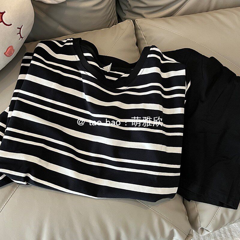 黑色条纹睡衣女款夏季纯棉v短袖短裤套装韩版休闲简约可外穿家居