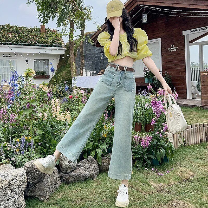 微喇牛仔裤女夏季薄款2025新款浅色高腰宽松显瘦小个子八分喇叭裤