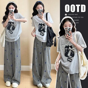 孕妇装夏款2025新款夏装套x装时尚格子吊带上衣休闲阔腿长裤两件