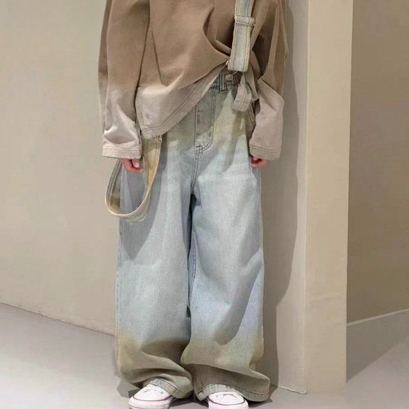 女童洋气牛仔背带裤春款大童宽松百搭渐变直筒裤儿童休闲阔腿裤子