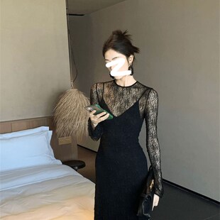 微胖大码法式洋气蕾丝内搭连衣裙黑色吊带裙两件套女夏季新款套装