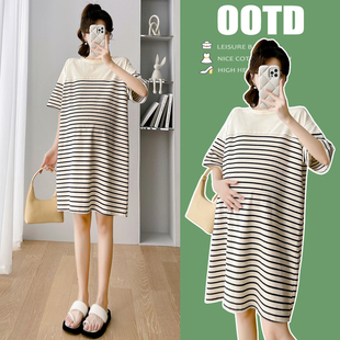 2023夏装新款孕妇装时尚短袖条纹t恤裙韩版中长款宽松显瘦上衣女