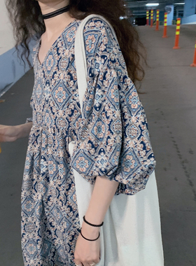 哺乳连衣裙春夏款半袖时尚v外出辣妈孕妇装宽松大码喂奶服雪纺长