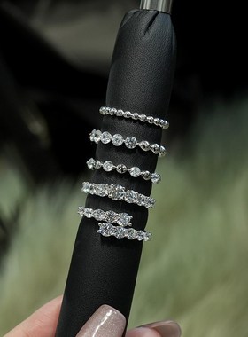 时尚排戒排钻戒指女士细圈圆珠戒镶嵌镶钻开口食指戒叠戴副戒混搭