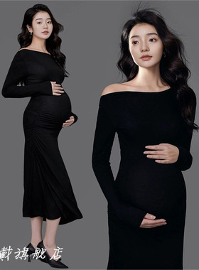影楼新款孕c妇拍照服装黑色针织款式连衣裙孕妇写真摄影艺术照服
