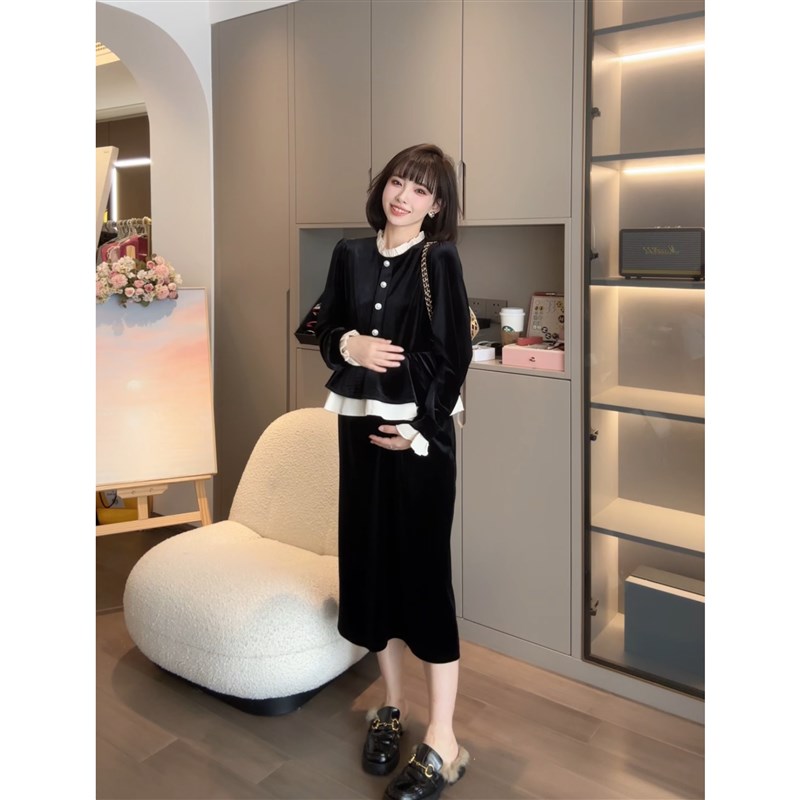 【古堡密语】娜娜的孕期穿搭孕妇春秋装新款假两件U法式丝绒连衣